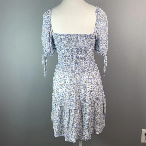 AEROPOSTALE Y2K Floral Mini Dress Blue Tier Off The Shoulder Smock Ditsy S - Picture 6 of 11